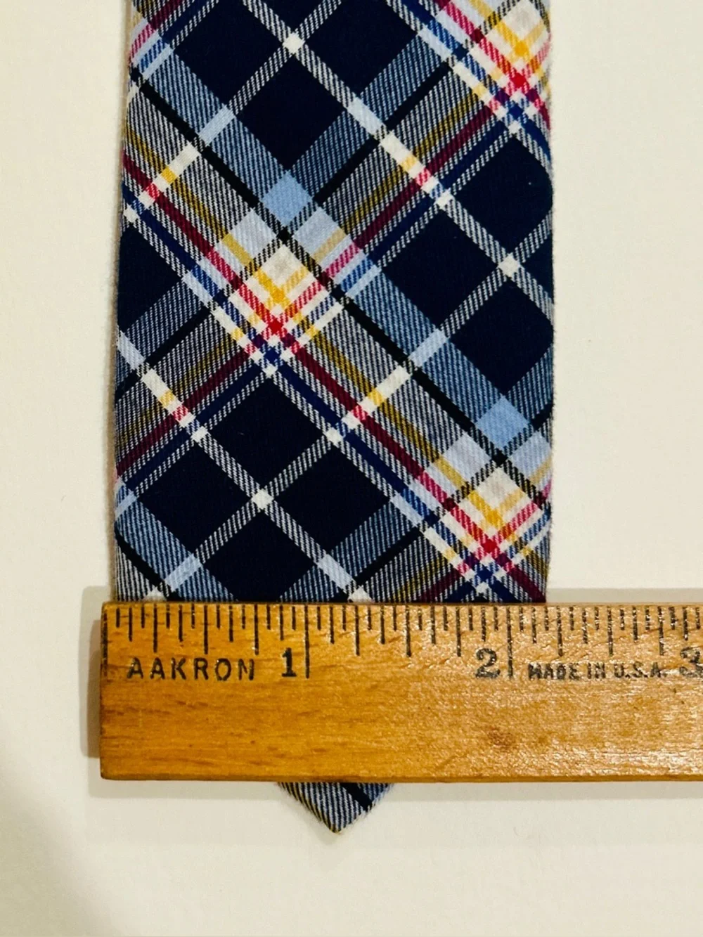 Penguin by Munsingwear Navy Blue Plaid Tie with White, Yellow, and Red Lines